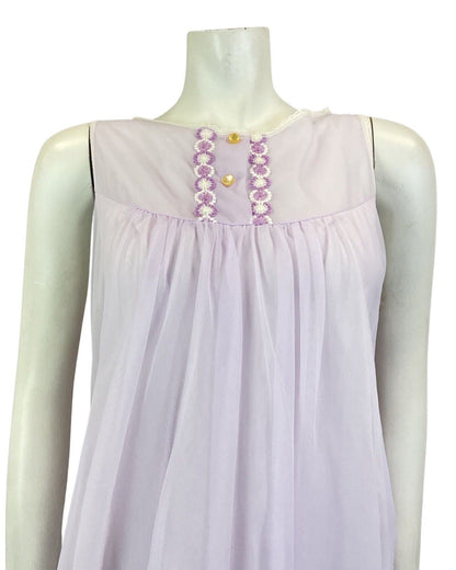 VINTAGE 60s 70s LILAC WHITE EMBROIDERED SHEER SLIP NIGHT-DRESS 16 18