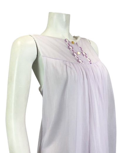 VINTAGE 60s 70s LILAC WHITE EMBROIDERED SHEER SLIP NIGHT-DRESS 16 18