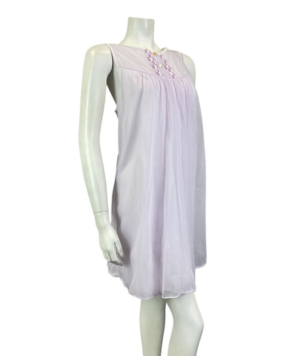 VINTAGE 60s 70s LILAC WHITE EMBROIDERED SHEER SLIP NIGHT-DRESS 16 18