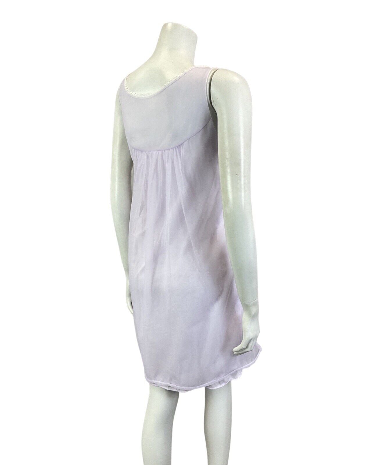 VINTAGE 60s 70s LILAC WHITE EMBROIDERED SHEER SLIP NIGHT-DRESS 16 18