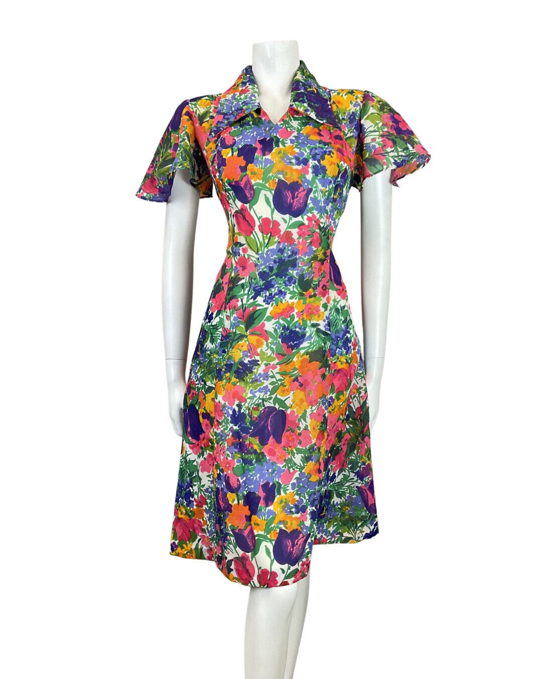 VINTAGE 60s 70s GREEN BLUE PINK PSYCHEDELIC TULIP FLOWER DAGGER DRESS 10 12