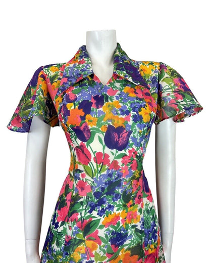 VINTAGE 60s 70s GREEN BLUE PINK PSYCHEDELIC TULIP FLOWER DAGGER DRESS 10 12