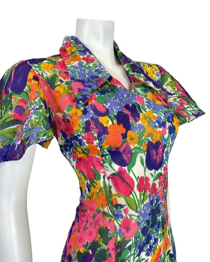 VINTAGE 60s 70s GREEN BLUE PINK PSYCHEDELIC TULIP FLOWER DAGGER DRESS 10 12