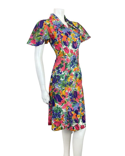 VINTAGE 60s 70s GREEN BLUE PINK PSYCHEDELIC TULIP FLOWER DAGGER DRESS 10 12