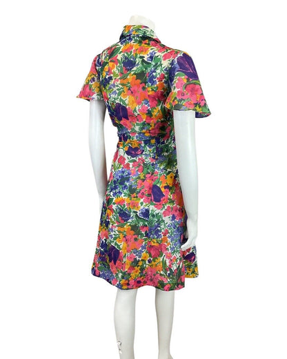 VINTAGE 60s 70s GREEN BLUE PINK PSYCHEDELIC TULIP FLOWER DAGGER DRESS 10 12