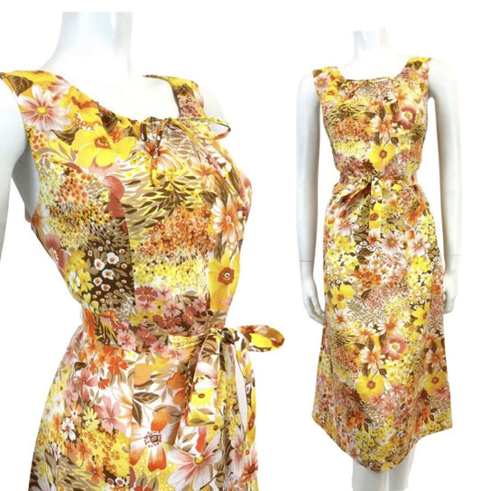 VTG 60s 70s YELLOW ORANGE BROWN FLORAL DITSY PSYCHEDELIC SLEEVELESS DRESS 14 16