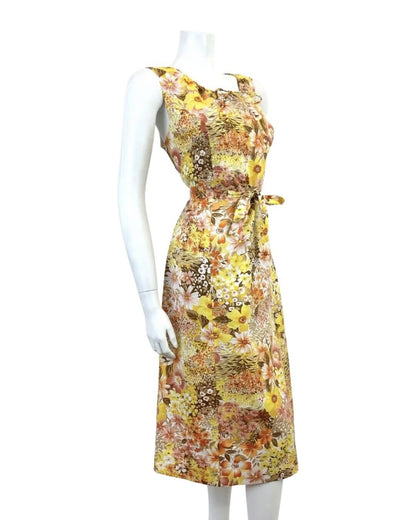 VTG 60s 70s YELLOW ORANGE BROWN FLORAL DITSY PSYCHEDELIC SLEEVELESS DRESS 14 16