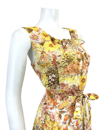 VTG 60s 70s YELLOW ORANGE BROWN FLORAL DITSY PSYCHEDELIC SLEEVELESS DRESS 14 16