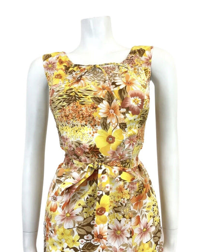 VTG 60s 70s YELLOW ORANGE BROWN FLORAL DITSY PSYCHEDELIC SLEEVELESS DRESS 14 16