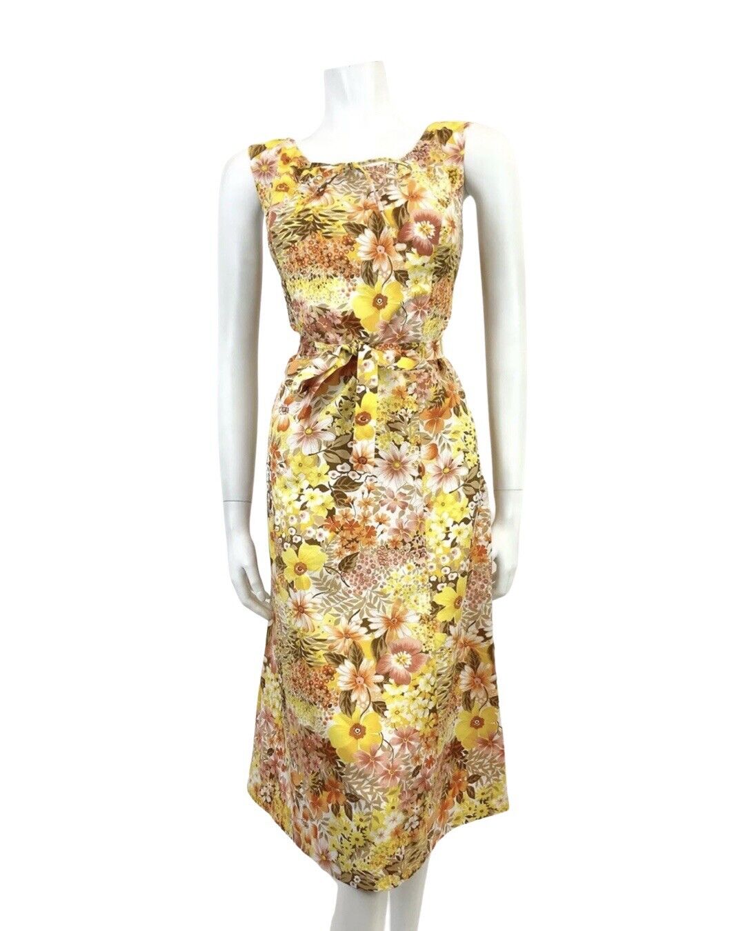 VTG 60s 70s YELLOW ORANGE BROWN FLORAL DITSY PSYCHEDELIC SLEEVELESS DRESS 14 16