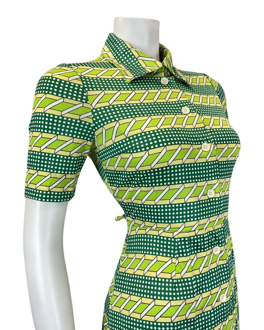 VINTAGE 60s 90s LIME GREEN WHITE STRIPED DOTTY GEOMETRIC MOD SHIRT DRESS 6 8
