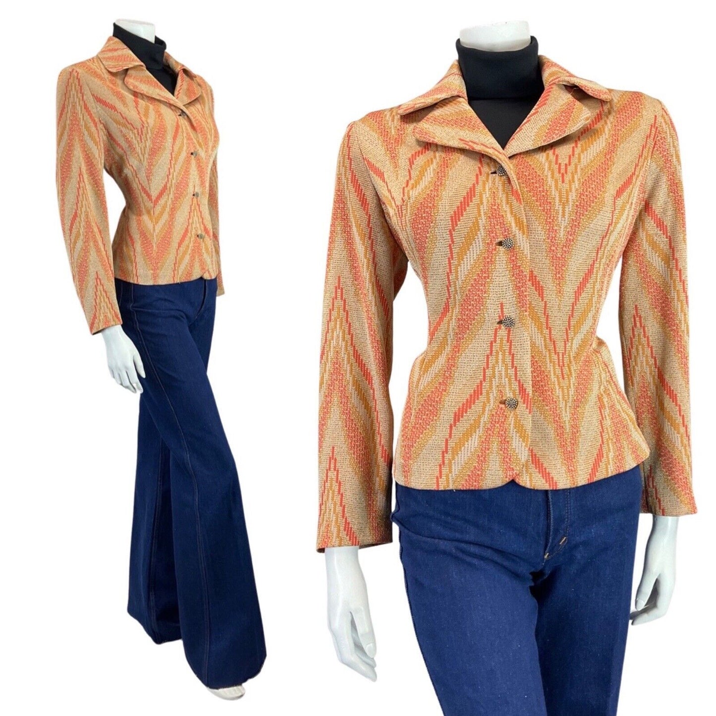 VINTAGE 60s 70s GOLD ORANGE CREAM STRIPED MOD LUREX CROPPED JACKET 14