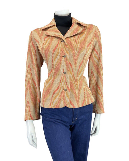 VINTAGE 60s 70s GOLD ORANGE CREAM STRIPED MOD LUREX CROPPED JACKET 14