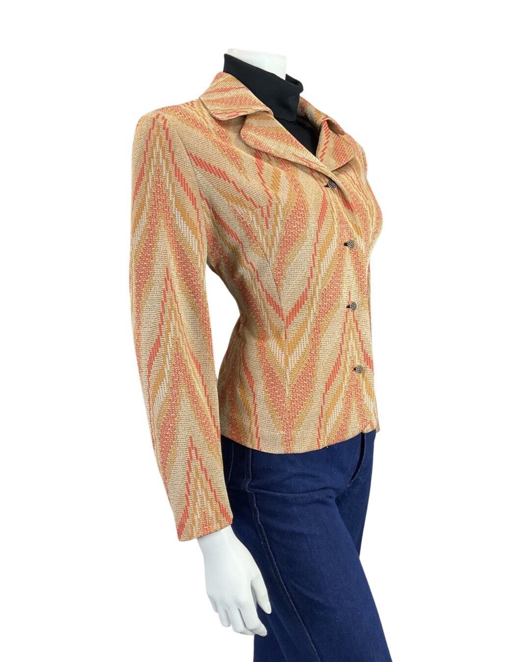 VINTAGE 60s 70s GOLD ORANGE CREAM STRIPED MOD LUREX CROPPED JACKET 14