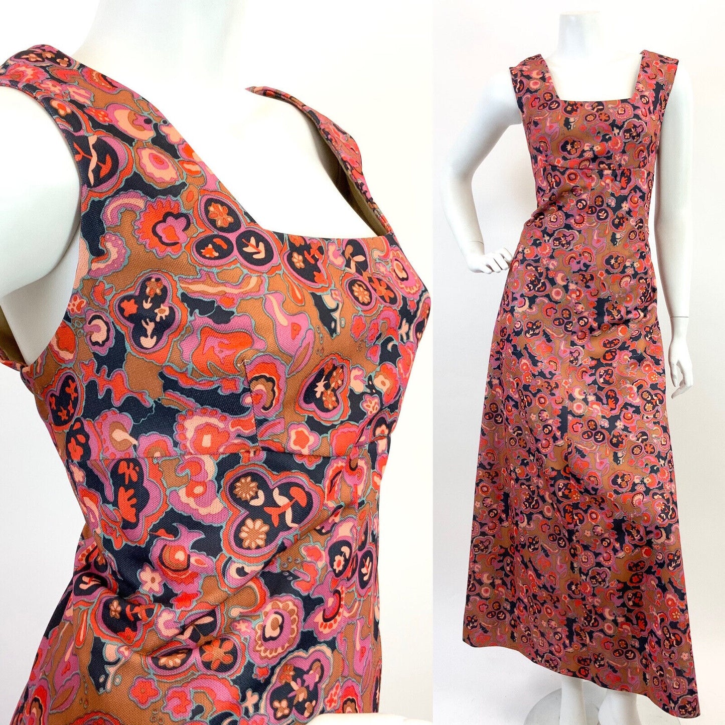 VINTAGE 60s 70s GOLD PINK BLUE PSYCHEDELIC FLORAL EMPIRE MOD MAXI DRESS 12 14