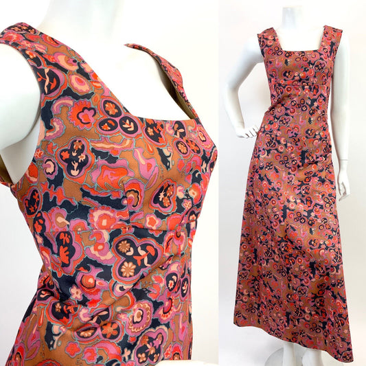 VINTAGE 60s 70s GOLD PINK BLUE PSYCHEDELIC FLORAL EMPIRE MOD MAXI DRESS 12 14