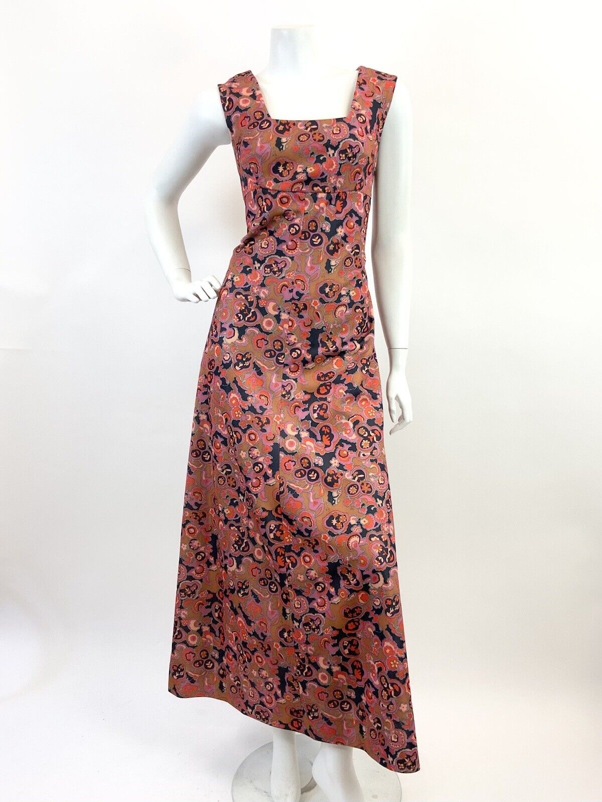 VINTAGE 60s 70s GOLD PINK BLUE PSYCHEDELIC FLORAL EMPIRE MOD MAXI DRESS 12 14