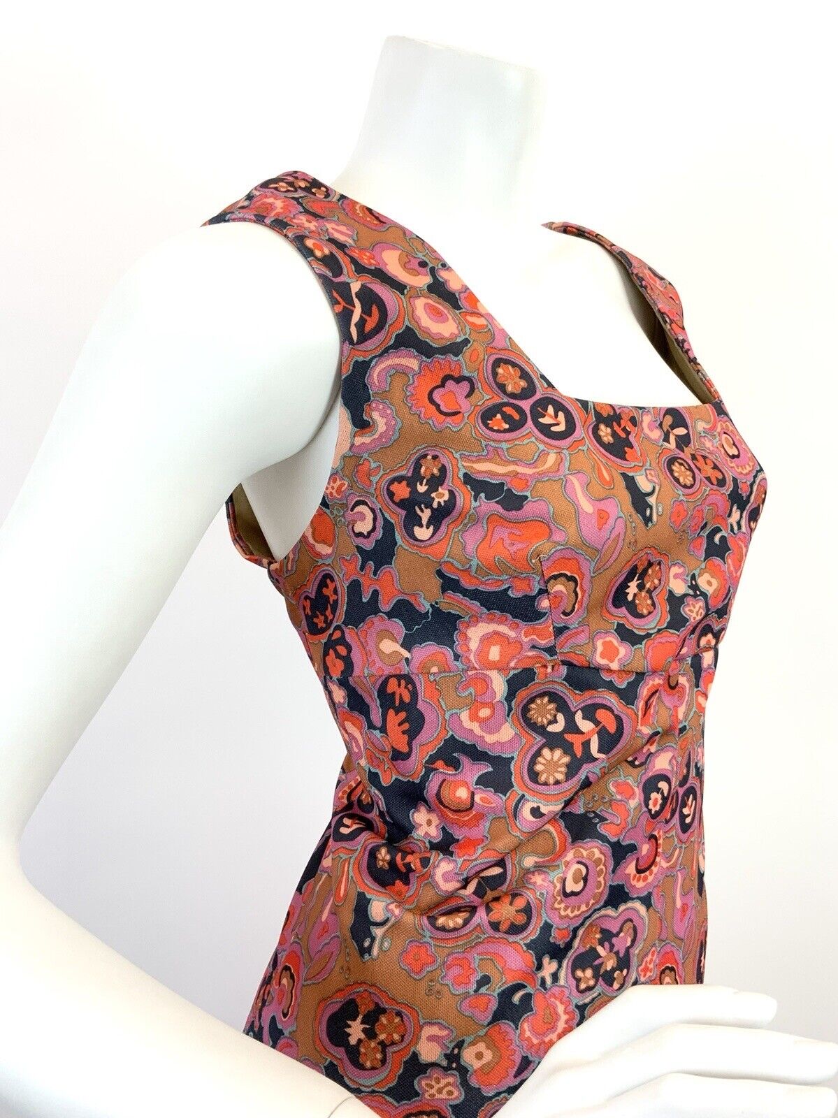 VINTAGE 60s 70s GOLD PINK BLUE PSYCHEDELIC FLORAL EMPIRE MOD MAXI DRESS 12 14