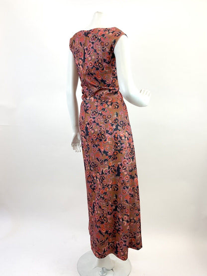 VINTAGE 60s 70s GOLD PINK BLUE PSYCHEDELIC FLORAL EMPIRE MOD MAXI DRESS 12 14