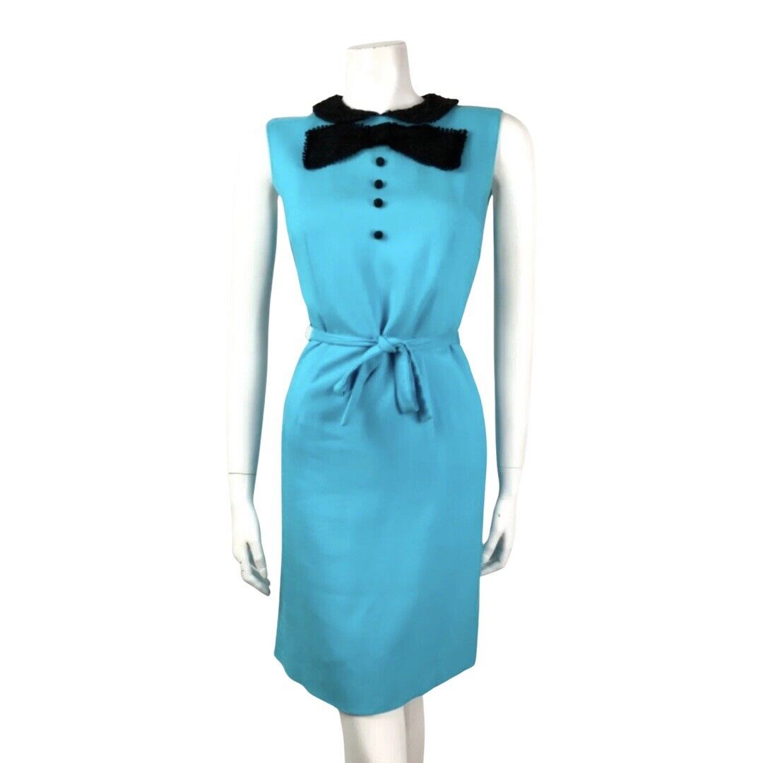 VTG 60s 70s BLUE BLACK LACE PETER PAN COLLAR BOW BELTED MOD SLEEVELESS DRESS 6 8
