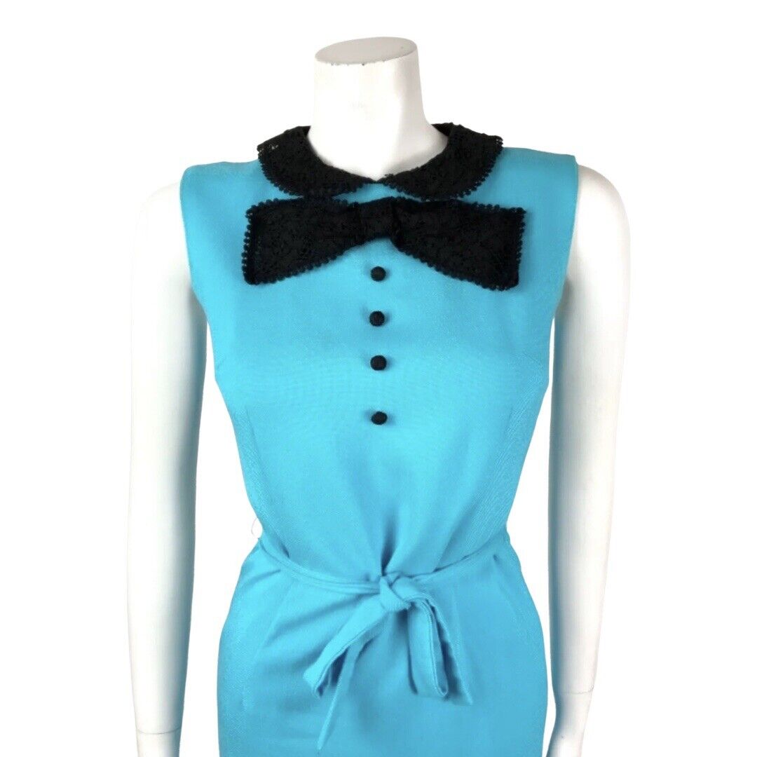 VTG 60s 70s BLUE BLACK LACE PETER PAN COLLAR BOW BELTED MOD SLEEVELESS DRESS 6 8
