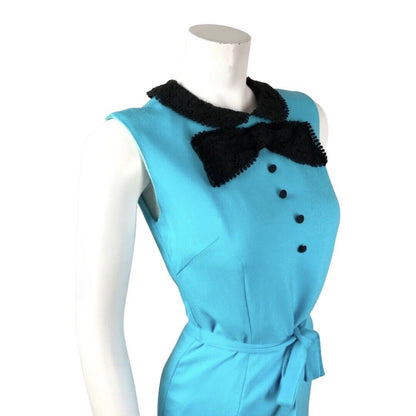 VTG 60s 70s BLUE BLACK LACE PETER PAN COLLAR BOW BELTED MOD SLEEVELESS DRESS 6 8