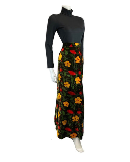 VINTAGE 60s 70s BROWN RED YELLOW FLORAL DAISY MOD BOHO VELVET MAXI SKIRT 8