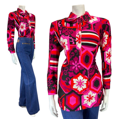VTG 60s 70s PURPLE PINK BLACK PSYCHEDELIC FLORAL MOD SPOON COLLAR BLOUSE 12 14