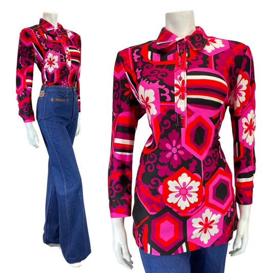 VTG 60s 70s PURPLE PINK BLACK PSYCHEDELIC FLORAL MOD SPOON COLLAR BLOUSE 12 14