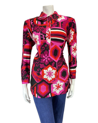VTG 60s 70s PURPLE PINK BLACK PSYCHEDELIC FLORAL MOD SPOON COLLAR BLOUSE 12 14