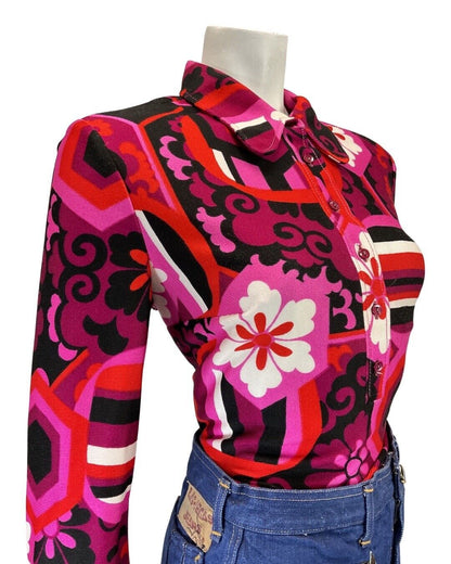 VTG 60s 70s PURPLE PINK BLACK PSYCHEDELIC FLORAL MOD SPOON COLLAR BLOUSE 12 14