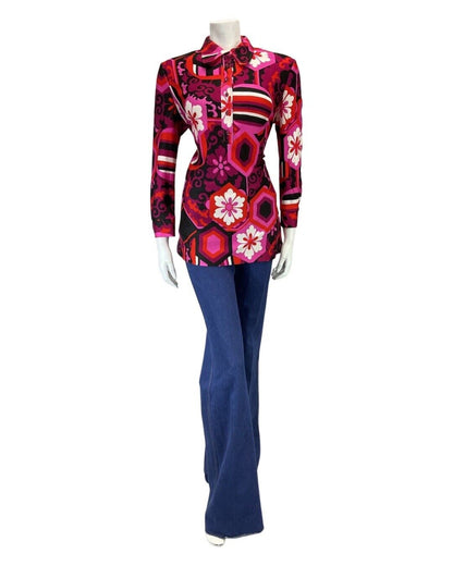 VTG 60s 70s PURPLE PINK BLACK PSYCHEDELIC FLORAL MOD SPOON COLLAR BLOUSE 12 14