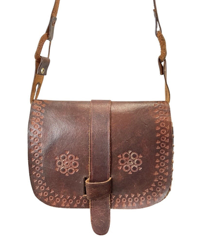 VINTAGE 60s 70s DARK BROWN BOHO FOLK LEATHER STAMPED SHOULDER FLAP BAG