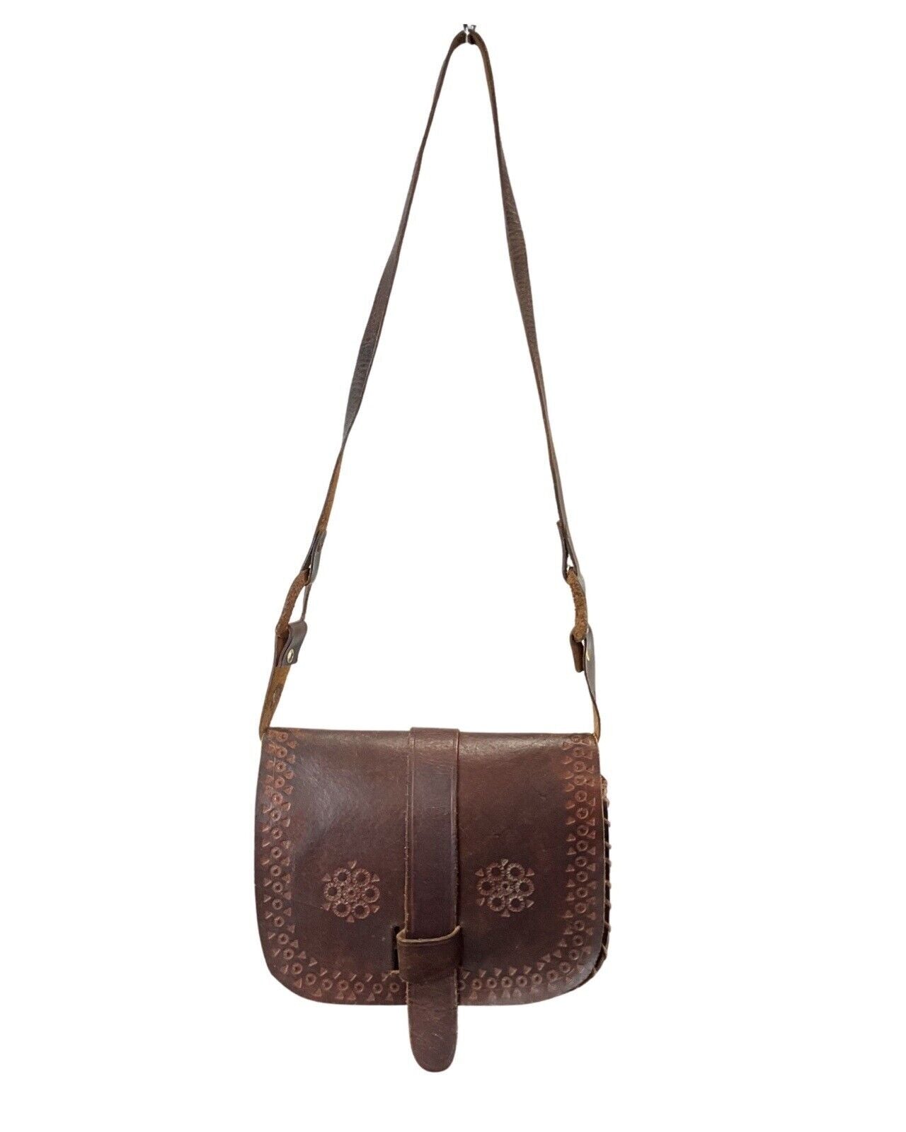 VINTAGE 60s 70s DARK BROWN BOHO FOLK LEATHER STAMPED SHOULDER FLAP BAG
