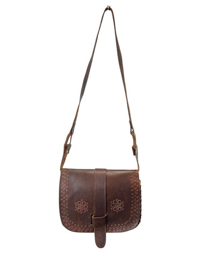 VINTAGE 60s 70s DARK BROWN BOHO FOLK LEATHER STAMPED SHOULDER FLAP BAG