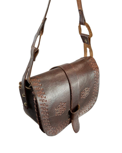 VINTAGE 60s 70s DARK BROWN BOHO FOLK LEATHER STAMPED SHOULDER FLAP BAG