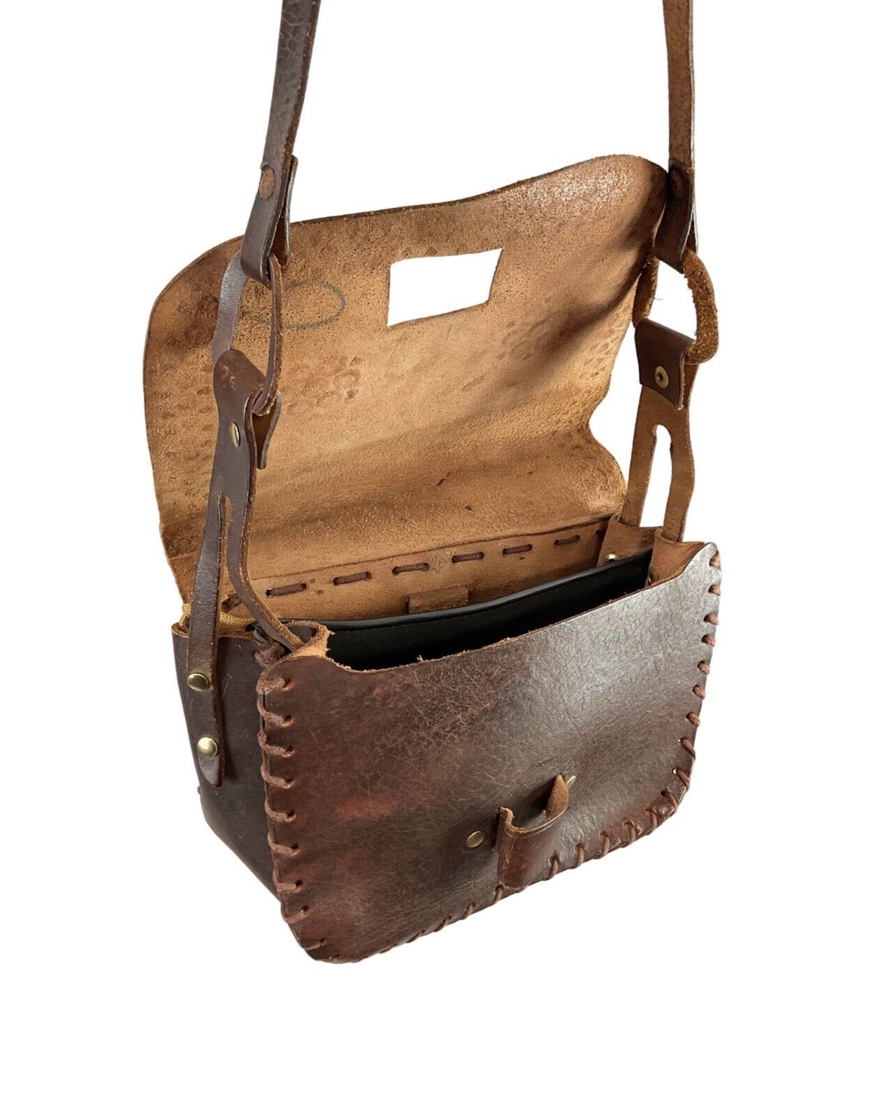 VINTAGE 60s 70s DARK BROWN BOHO FOLK LEATHER STAMPED SHOULDER FLAP BAG