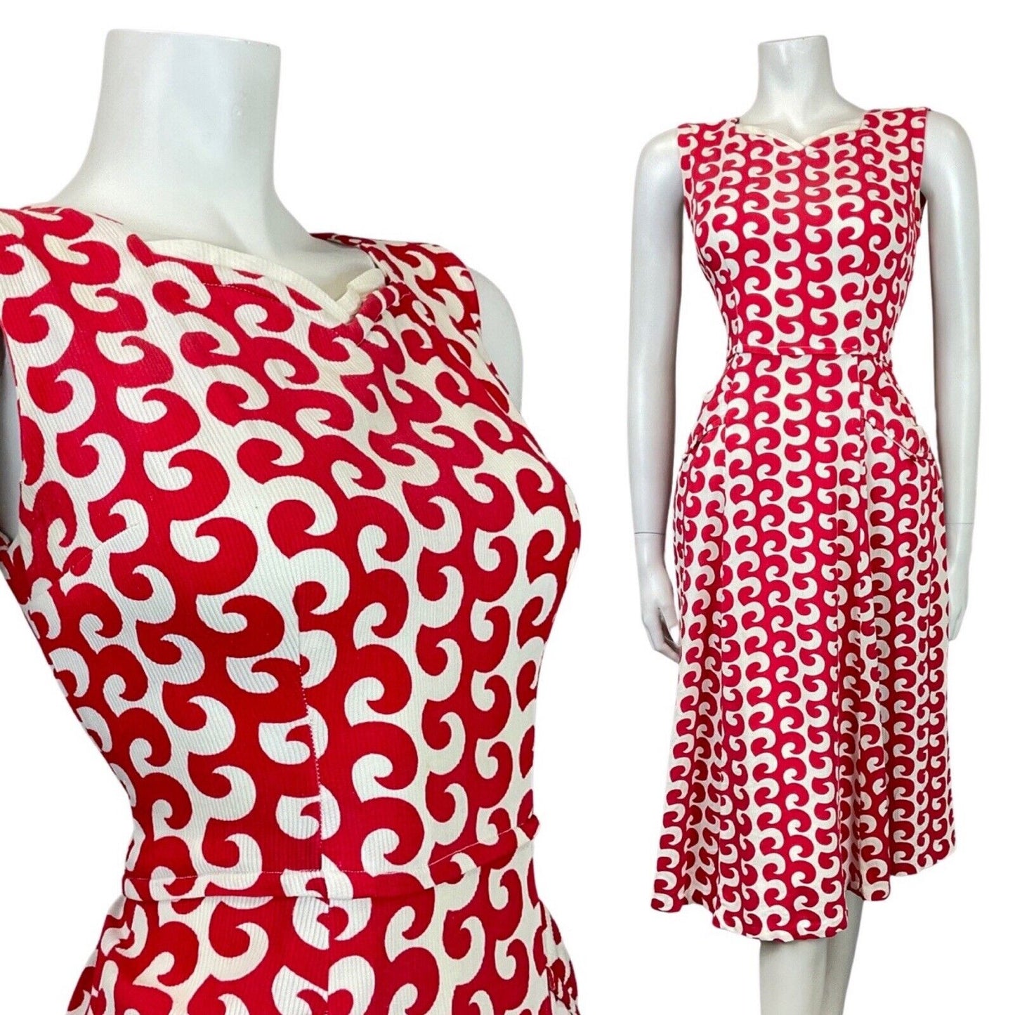 VINTAGE 60s 70s RED WHITE SWIRL STRIPED OP-ART MOD SLEEVELESS MIDI DRESS 8 10