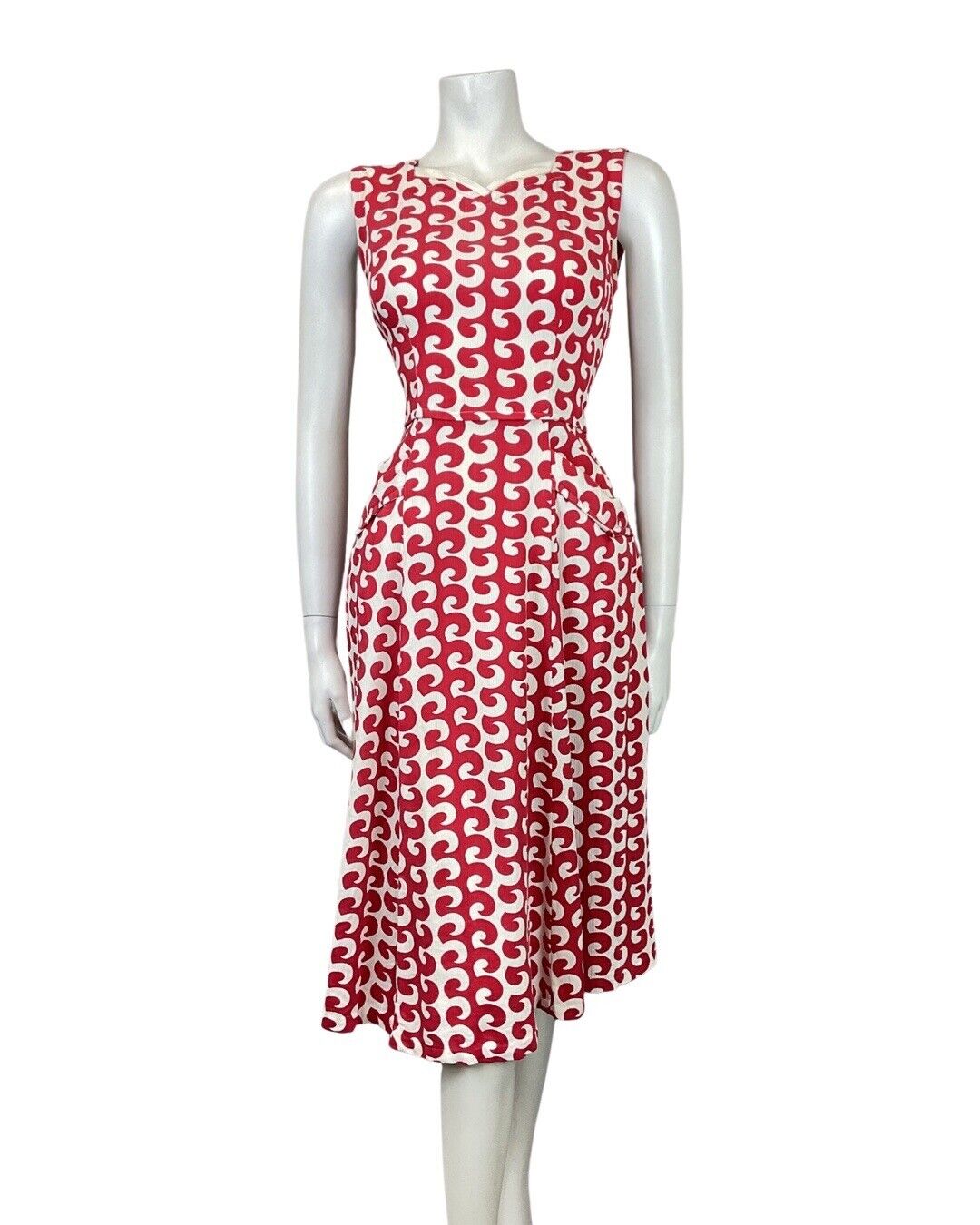 VINTAGE 60s 70s RED WHITE SWIRL STRIPED OP-ART MOD SLEEVELESS MIDI DRESS 8 10