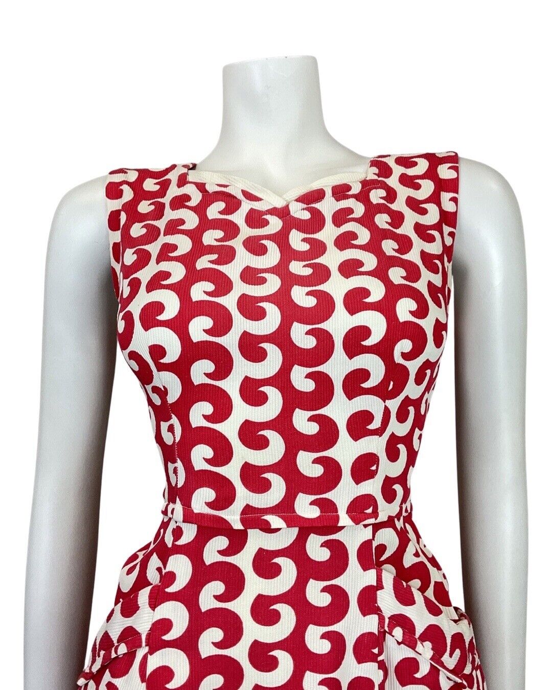 VINTAGE 60s 70s RED WHITE SWIRL STRIPED OP-ART MOD SLEEVELESS MIDI DRESS 8 10