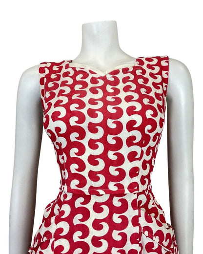 VINTAGE 60s 70s RED WHITE SWIRL STRIPED OP-ART MOD SLEEVELESS MIDI DRESS 8 10