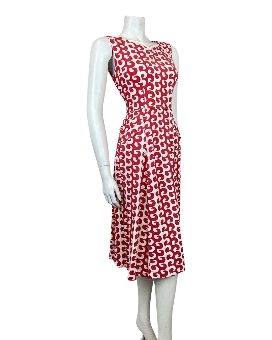 VINTAGE 60s 70s RED WHITE SWIRL STRIPED OP-ART MOD SLEEVELESS MIDI DRESS 8 10