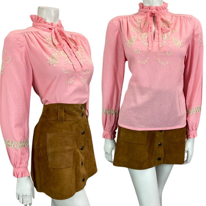 VINTAGE 60s 70s PINK BOHO FOLK HIPPY BLOUSE WITH FLORAL EMBROIDERY 12 14