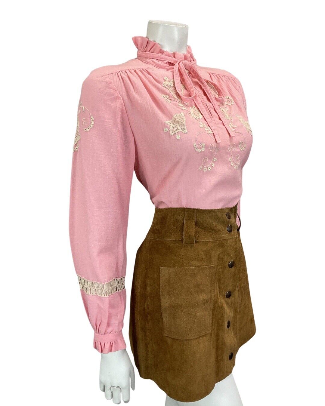 VINTAGE 60s 70s PINK BOHO FOLK HIPPY BLOUSE WITH FLORAL EMBROIDERY 12 14
