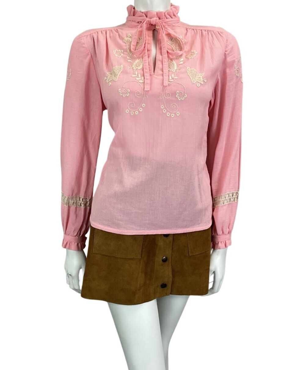 VINTAGE 60s 70s PINK BOHO FOLK HIPPY BLOUSE WITH FLORAL EMBROIDERY 12 14