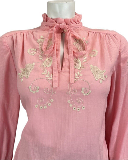 VINTAGE 60s 70s PINK BOHO FOLK HIPPY BLOUSE WITH FLORAL EMBROIDERY 12 14