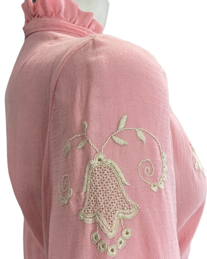 VINTAGE 60s 70s PINK BOHO FOLK HIPPY BLOUSE WITH FLORAL EMBROIDERY 12 14