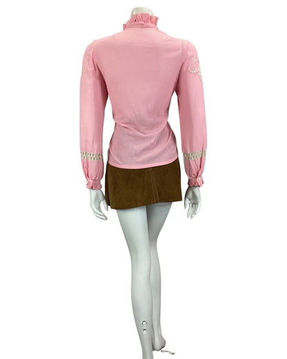 VINTAGE 60s 70s PINK BOHO FOLK HIPPY BLOUSE WITH FLORAL EMBROIDERY 12 14