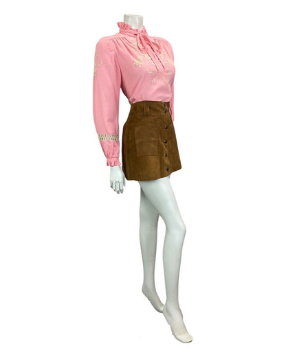VINTAGE 60s 70s PINK BOHO FOLK HIPPY BLOUSE WITH FLORAL EMBROIDERY 12 14