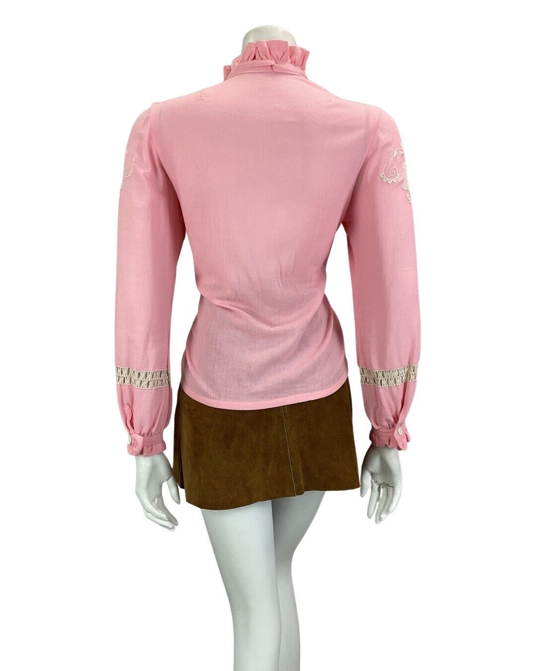 VINTAGE 60s 70s PINK BOHO FOLK HIPPY BLOUSE WITH FLORAL EMBROIDERY 12 14